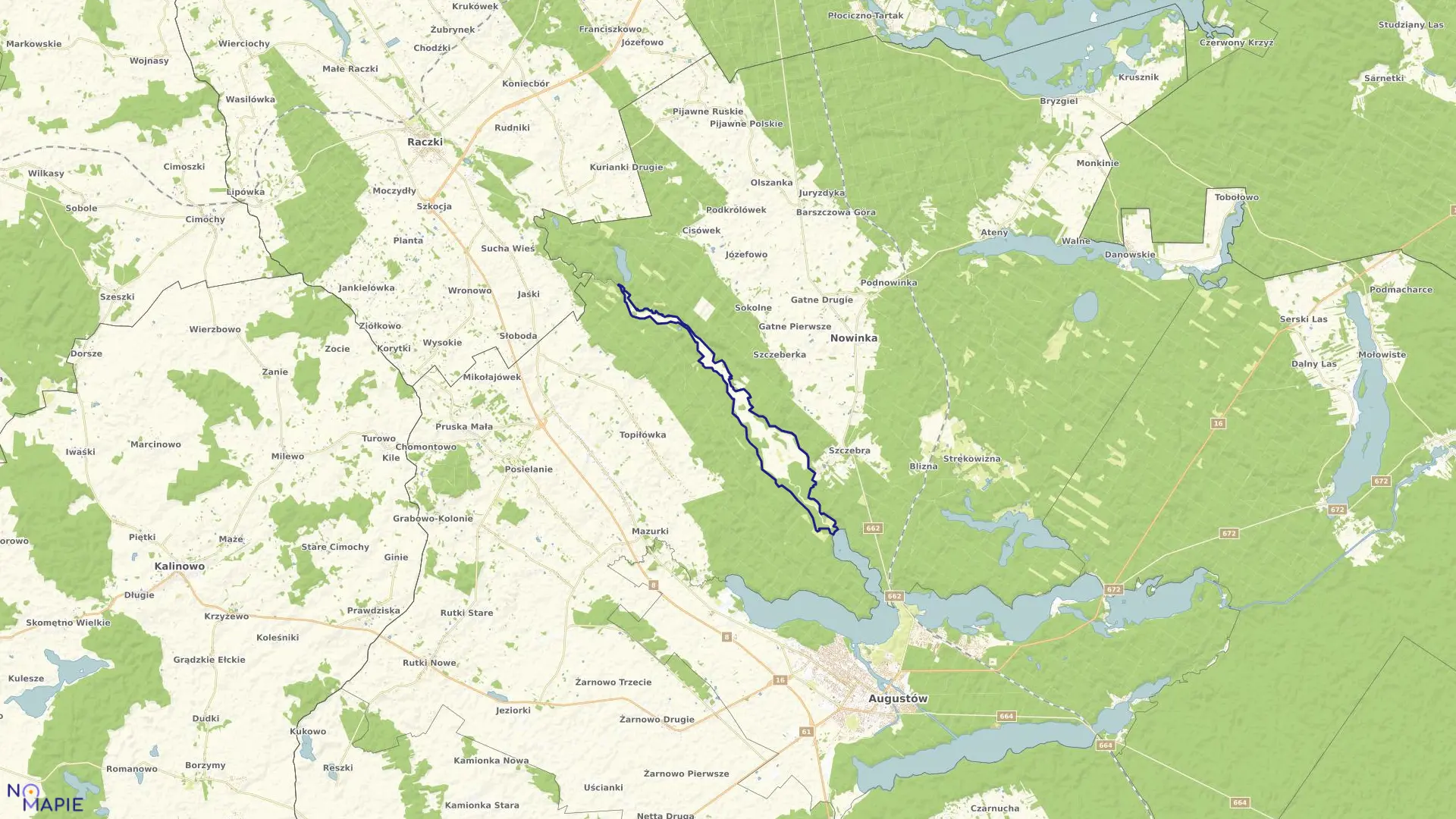 Mapa obrębu ŁĄKI NAD RZEKĄ ROSPUDĄ w gminie Augustów